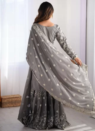 Grey Chinon Sharara Set with Embroidered, Sequins and Zari Work