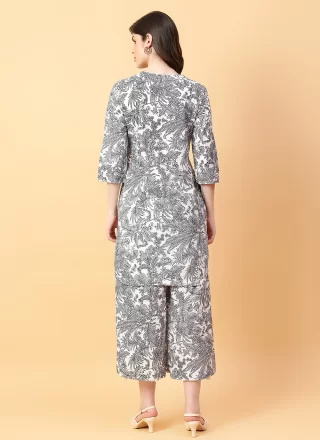 Grey Cotton Casual Kurti with Print Work for Ceremonial