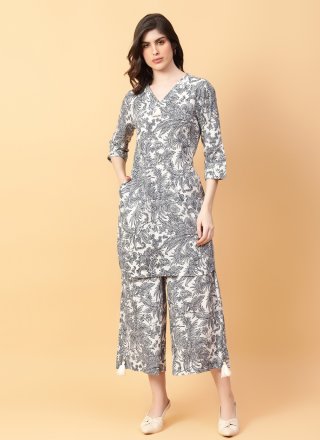 Grey Cotton Casual Kurti with Print Work for Ceremonial