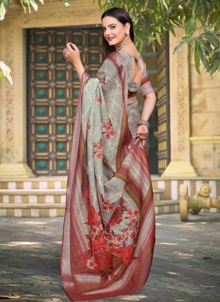 Grey Cotton Classic Saree with Patch Border and Digital Print Work