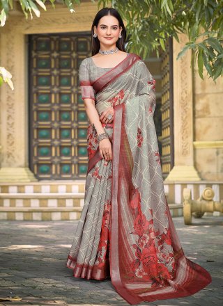 Grey Cotton Classic Saree with Patch Border and Digital Print Work
