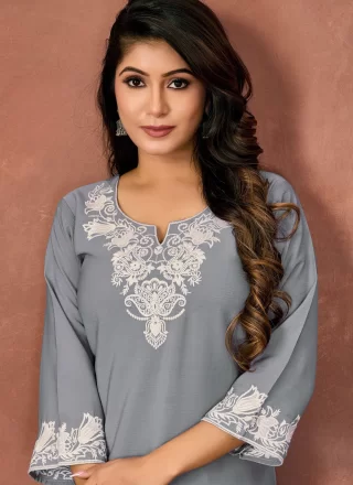 Grey Cotton Embroidered Work Casual Kurti for Casual