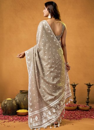 Grey Cotton Jacquard Work Classic Saree
