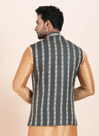 Grey Cotton Jacquard Work Nehru Jackets