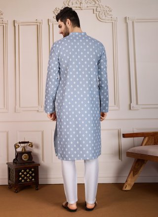 Grey Cotton Kurta Pyjama with Print Work