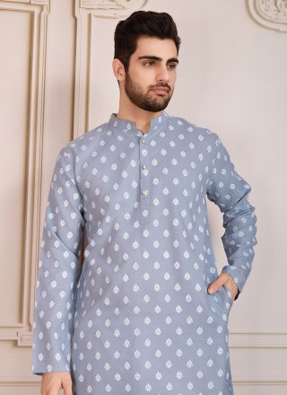 Grey Cotton Kurta Pyjama with Print Work