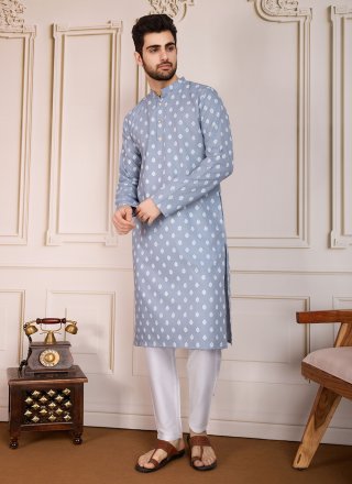 Grey Cotton Kurta Pyjama with Print Work