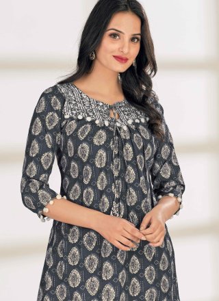Grey Cotton Party Wear Kurti with Print Work