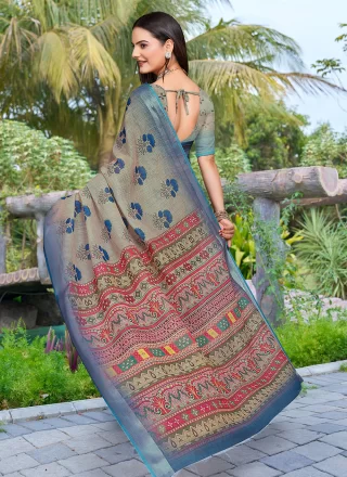 Grey Cotton Patch Border and Digital Print Work Contemporary Sari