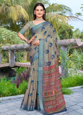 Grey Cotton Patch Border and Digital Print Work Contemporary Sari