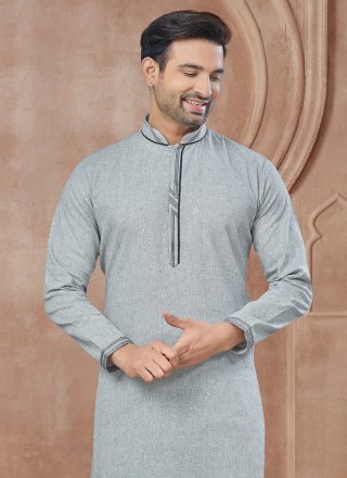 Grey Cotton Pintex and Print Work Kurta Pyjama for Casual
