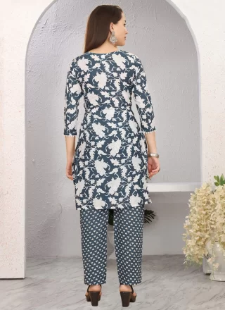 Grey Cotton Print Work Designer Kurti for Casual