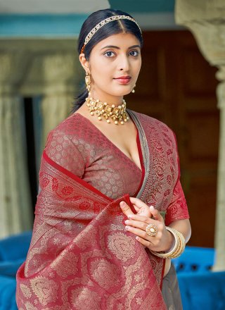 Grey Cotton Weaving Work Contemporary Sari