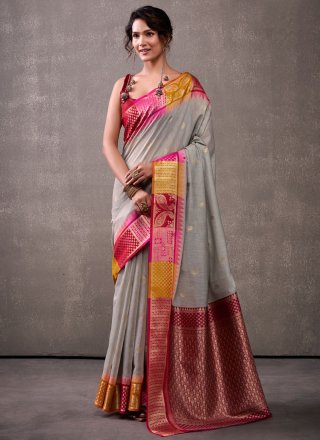 Grey Cotton Weaving Work Designer Sari for Ceremonial