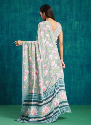 Grey Crepe Silk Digital Print Work Contemporary Saree