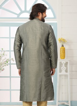 Grey Dupion Silk Embroidered Work Kurta Mens Wear for Casual