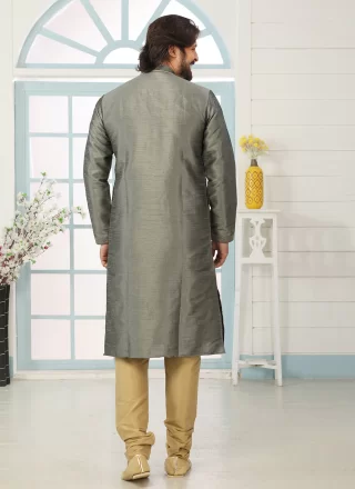 Grey Dupion Silk Kurta Pyjama with Embroidered Work for Ceremonial