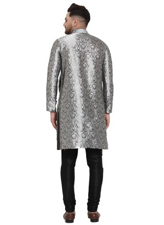 Grey Dupion Silk Plain Work Kurta Pyjama