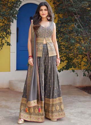 Grey Embroidered and Zari Work Silk Palazzo Salwar Suit