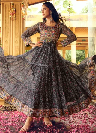 Grey Faux Georgette  Designer Gown with Print Work