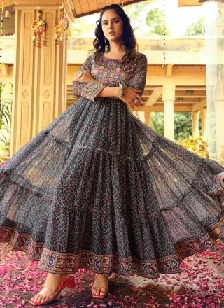 Grey Faux Georgette  Designer Gown with Print Work