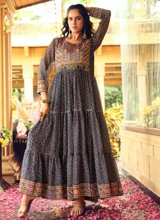 Grey Faux Georgette  Designer Gown with Print Work