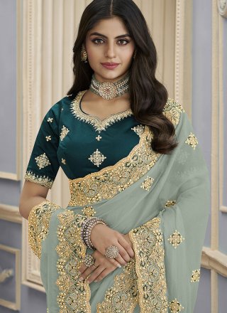 Grey Georgette Beads, Cord, Embroidered and Thread Work Contemporary Saree for Engagement