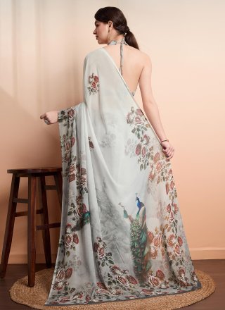 Grey Georgette Classic Saree with Print Work for Casual