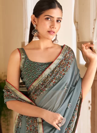 Grey Georgette Classic Sari with Print Work