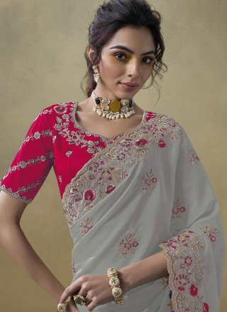 Grey Georgette Contemporary Sari with Cord, Dimond, Embroidered, Thread and Zari Work for Ceremonial