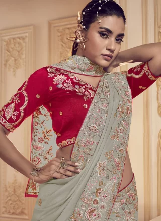 Grey Georgette Cord, Hand, Sequins, Thread and Zari Work Classic Sari