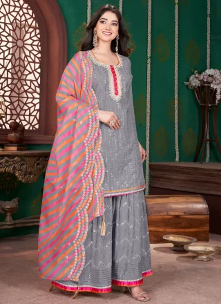 Grey Georgette Embroidered and Sequins Work Readymade Salwar Suit