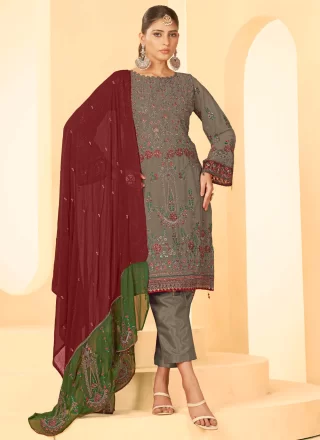 Grey Georgette Salwar Suit with Embroidered, Stone and Zari Work