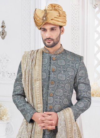 Grey Georgette Sherwani Mens Wear with Hand and Sequins Work for Men