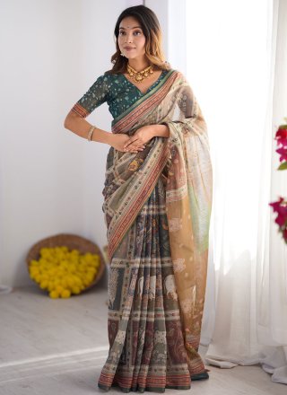 Grey Handloom Cotton Print Work Traditional Saree for Ceremonial
