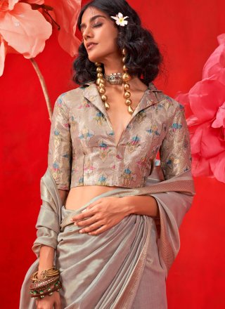 Grey Handloom Silk Trendy Saree with Weaving and Zari Work