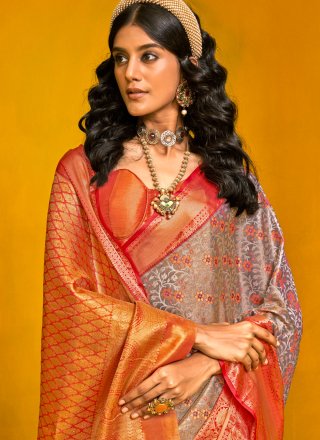 Grey Handloom Silk Weaving Work Trendy Saree