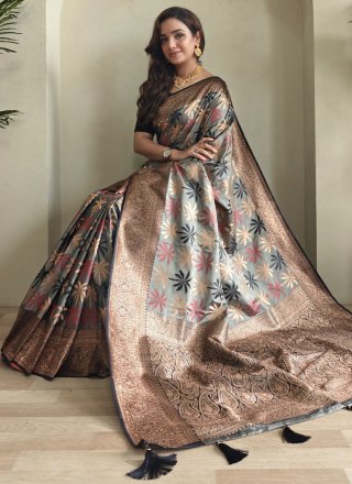 Grey Jacquard and Weaving Work Silk Trendy Saree