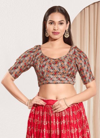 Grey Jacquard Digital Print and Mirror Work Designer Blouse