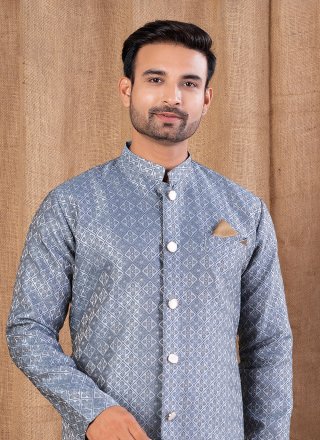 Grey Jacquard Indo Western with Buttons Work