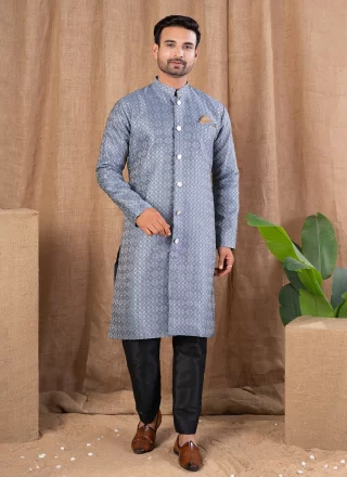 Grey Jacquard Indo Western with Buttons Work