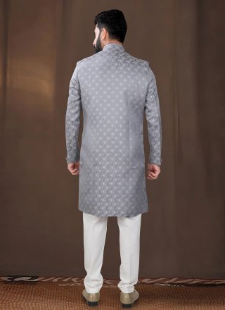 Grey Jacquard Indo Western with Woven Work