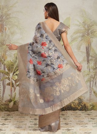 Grey Jacquard Silk Contemporary Sari with Digital Print Work