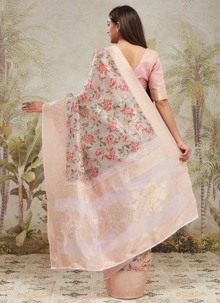 Grey Jacquard Silk Digital Print Work Classic Saree