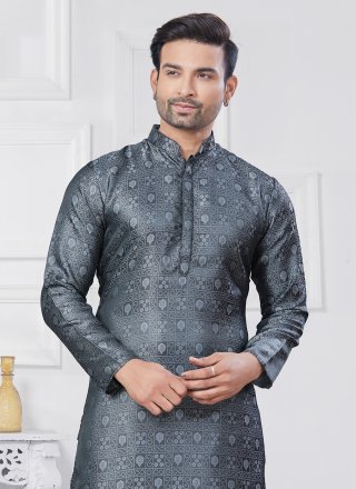 Grey Jacquard Silk Kurta Pyjama