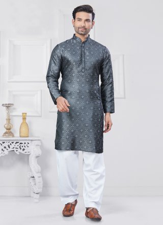 Grey Jacquard Silk Kurta Pyjama