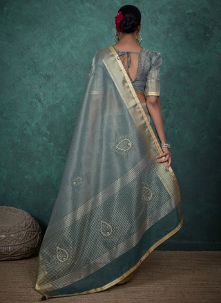 Grey Linen Cut Dana, Moti and Thread Work Contemporary Saree for Ceremonial