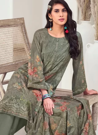 Grey Muslin Digital Print and Embroidered Work Salwar Suit for Ceremonial