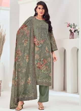 Grey Muslin Digital Print and Embroidered Work Salwar Suit for Ceremonial