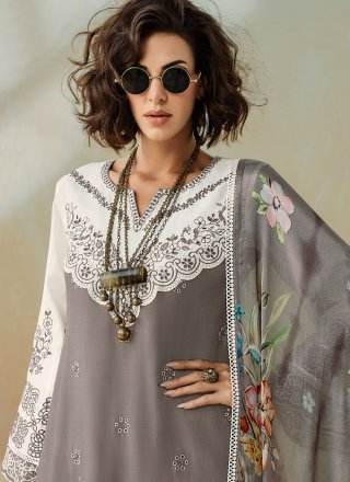 Grey Muslin Pant Style Suit with Embroidered and Resham Work